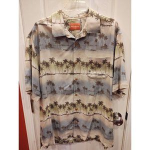 Tommy Bahama Mens Silk Shirt L Green Blue Palm Trees Hawaiian Aloha Camp